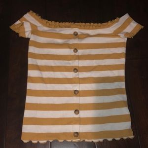 yellow and white striped off the shoulder